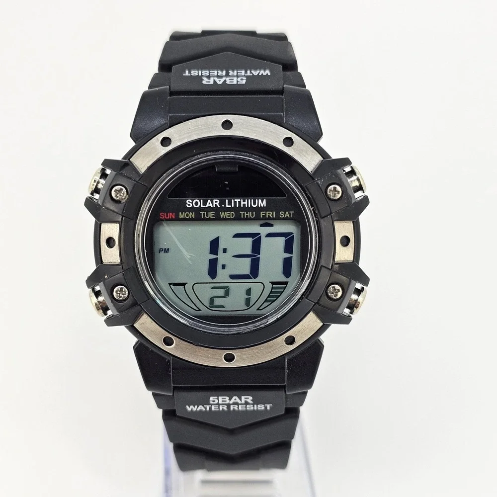 Men's Sports Digital‎ Watch 42MM Black Case Black Plastic Bands LED